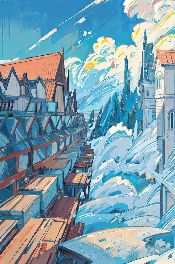 landscape, View from the window, Anime style, Rural, Mountains and clouds in the background,A sky island floating in the air,Quiet town street