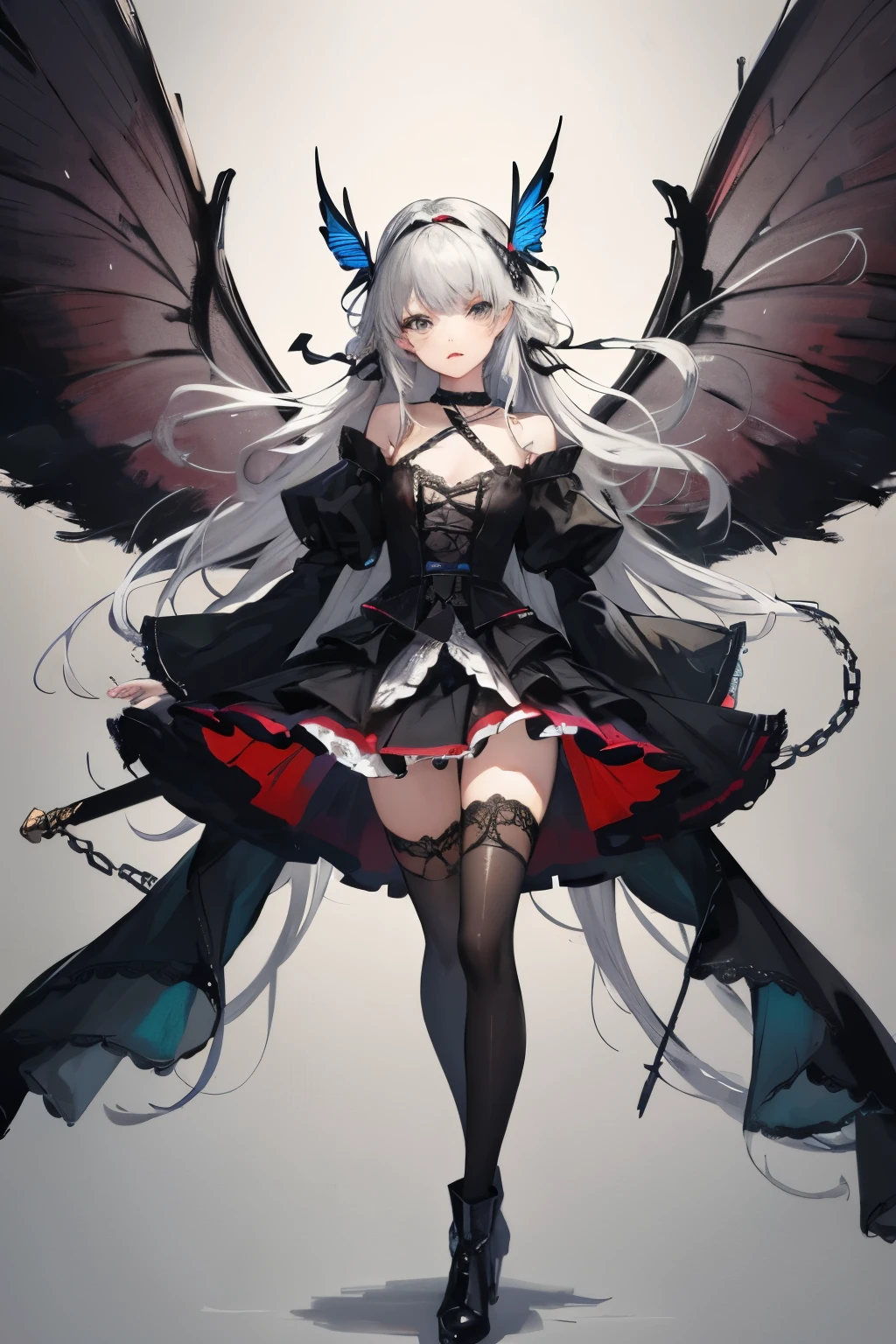 ((best quality)), ((masterpiece)), (detailed), 1girl, Character design, female, dynamic poses, long white grey hair, grey white eyes, very skinny, detailed, best quality, no accesoires around the neck, no shoes, prominent collarbones, skinny arms, flat stomach, visible hip bones, full body, blank white background, plain background, white background, red and white clothing, Bloodborne inspired, occult aesthetic, occult, detailed and intricate steampunk and detailed gothic, NSFW, Very dramatic and cinematic lighting, cosmic horror, grim-dark, side-lighting, perfect face, NSFW, Fluttering lace flared long knee length dress with frilly petticoats, knee length dress, pleated petticoats, petticoats gothic, complex lace boots, side-lighting, gothic aesthetic, wielding a mighty sword with mechanical components, mandalas, a fairy, various different types of insect wings, NSFW, full body, whole body, body, plain background, white background, blank background, no background, white background NSFW, chains, full body, whole body, head-to-toe NSFW