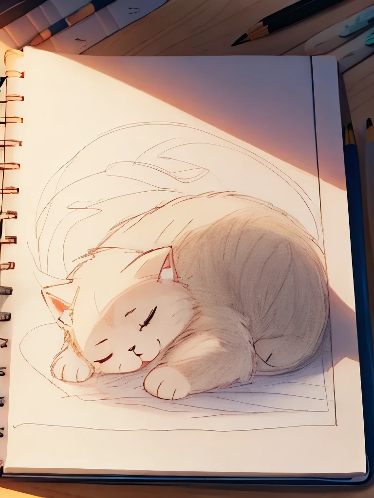 Masterpiece,best quality,the sketch of fluffy cat,sleeping,sketchbook , (((pencil drawing style))),