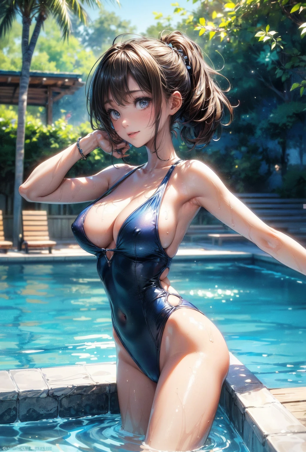 (masterpiece, Highest quality, Super detailed:1.3), Perfect composition, 4K, (Very detailed, Super detailed), Bright blue swimsuit, (Simple high-cut swimsuit)、High resolution, 8k Texture, Attention to detail, Very detailed肌の質感, Magnificent details, High Sharpness, One girl, (Fine grain:1.3), Many layers of eyes、(25-year-old woman:1.3), (skinny), (Big Breasts), ((Lively composition))、 Outdoor swimming pool side,smile、A pleasant looking face、Toned body、Shot from the back、turn around、Nipple swelling、Wear a plain white t-shirt over your swimsuit、Wet Skin、Stretching exercise with both arms extended、Sandals、Beautiful feet、