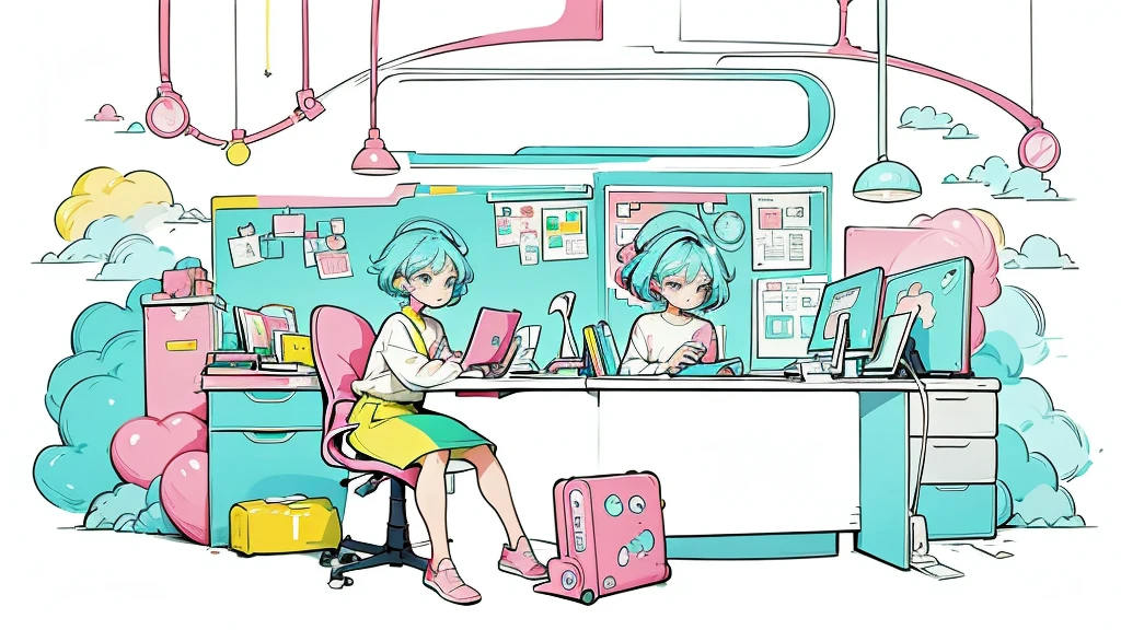 headset, Vibrant art,pop、bright、colorful, 1 female, Light blue hair, short hair、Happy,cute, Animation Style, cute, clearly, colorful cyberpunk, bubblegum pop, cute、Pink and light blue as main colors、Wearing headphones、Headphones、