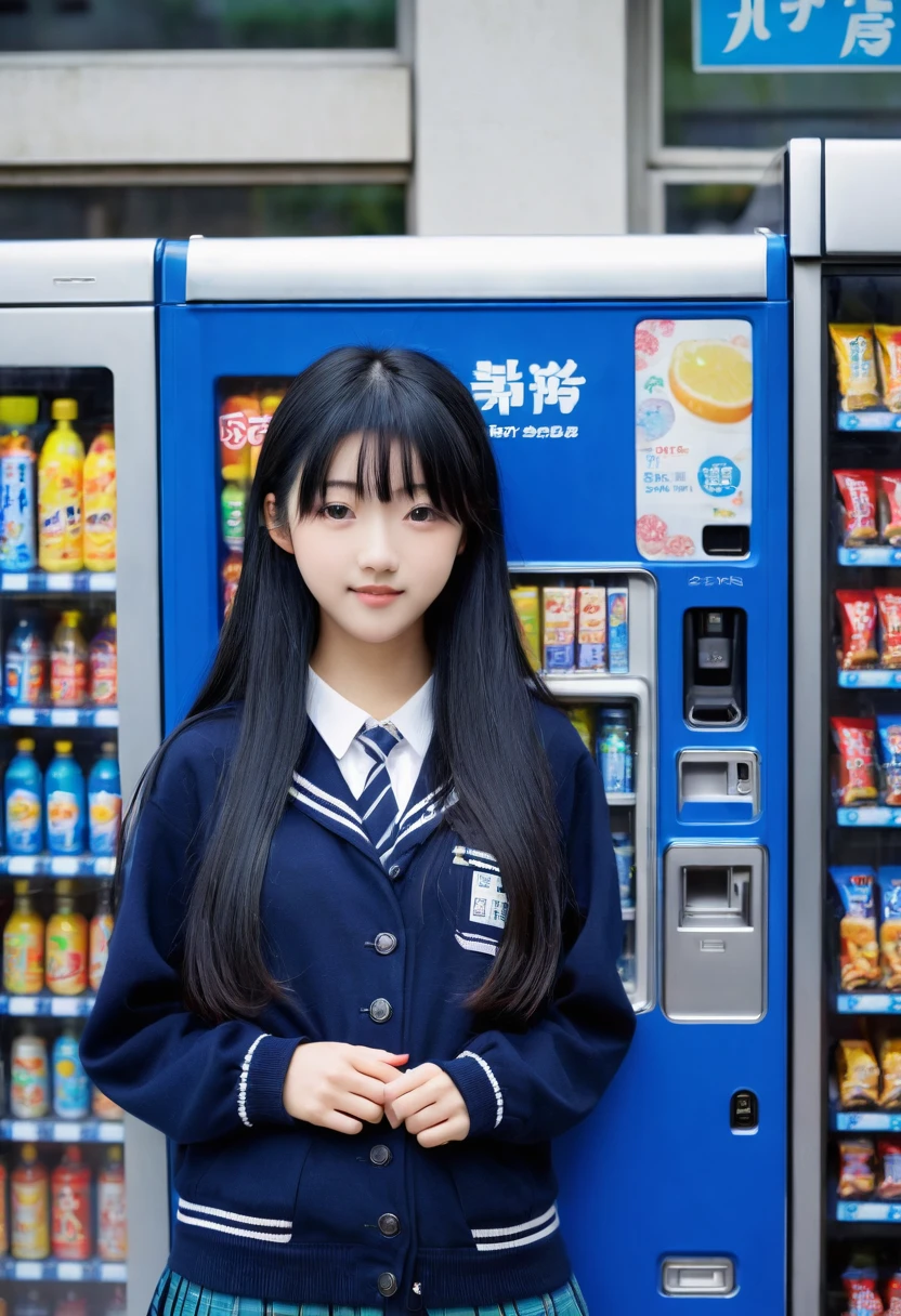 Long black hair、Japan Female Students、Dark blue 、Posing in front of a vending machine