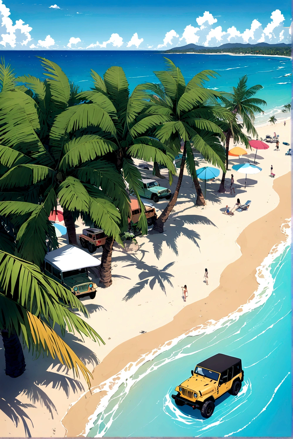 Above the upper half of the picture is a large expanse of blue sky, jeep, Palm tree,5 colors, Beach