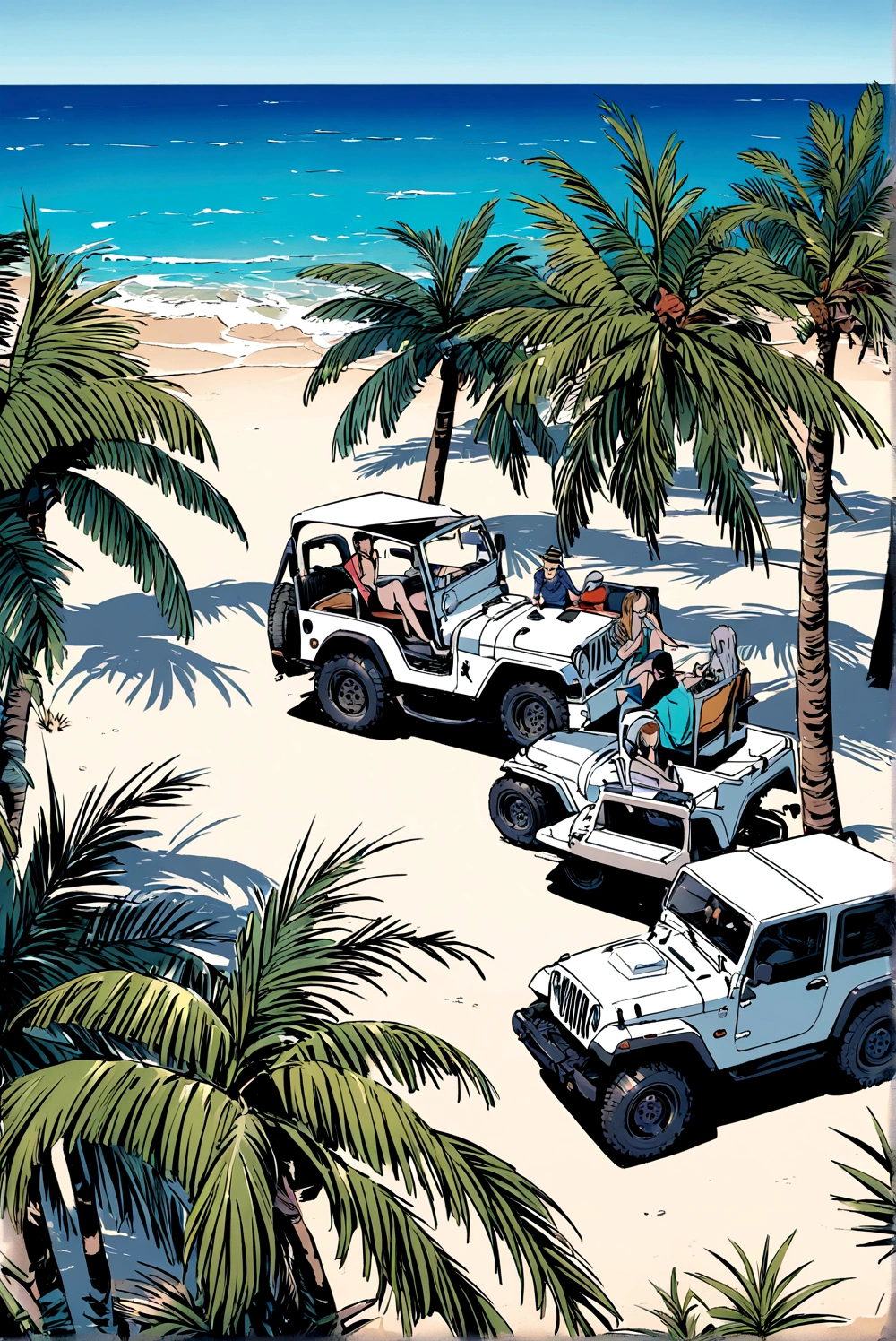 Above the upper half of the picture is a large expanse of blue sky, jeep, Palm tree,5 colors, Beach