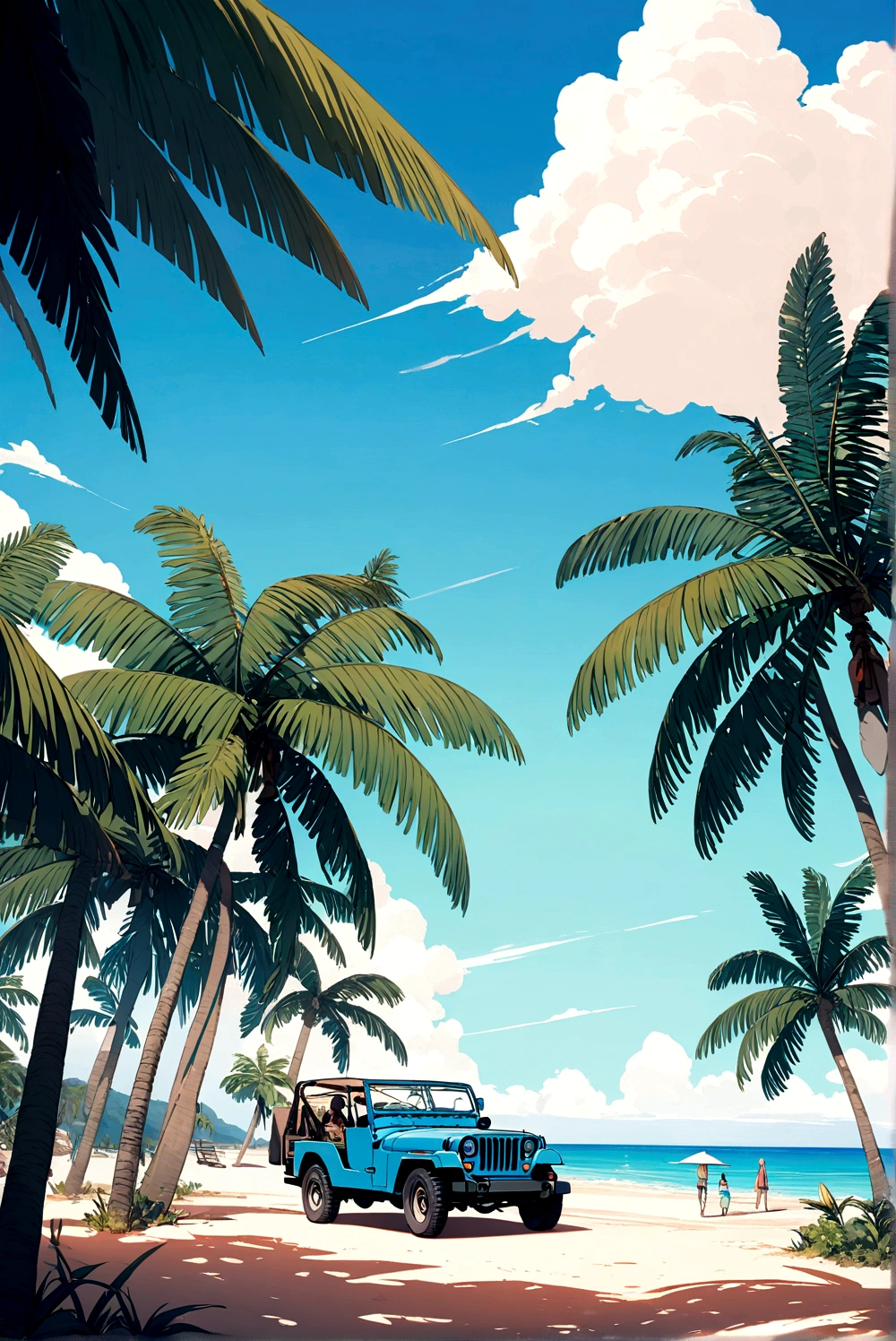 Above the upper half of the picture is a large expanse of blue sky, jeep, Palm tree,5 colors, Beach