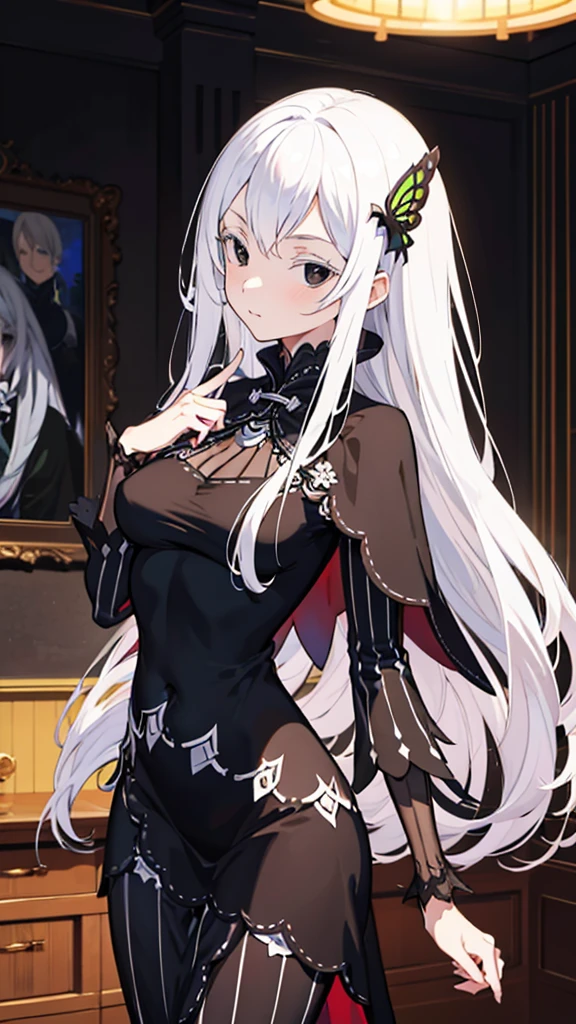 masterpiece, best quality, high resolution, best illustration, super fine illustration, (official art:0.7), (anime screencap:0.8), anime keyvisual, perfect anatomy, 8k portrait, (detail focus fingers:1.2), 
1girl, 
Echidna \(re:zero\),
long hair, 
white hair, 
(black eyes:1.2), 
(medium breasts:0.8), 
black dress, black cape, long dress, 
looking at viewer, 
cowboy shot, 
natural light, background of indoor, 