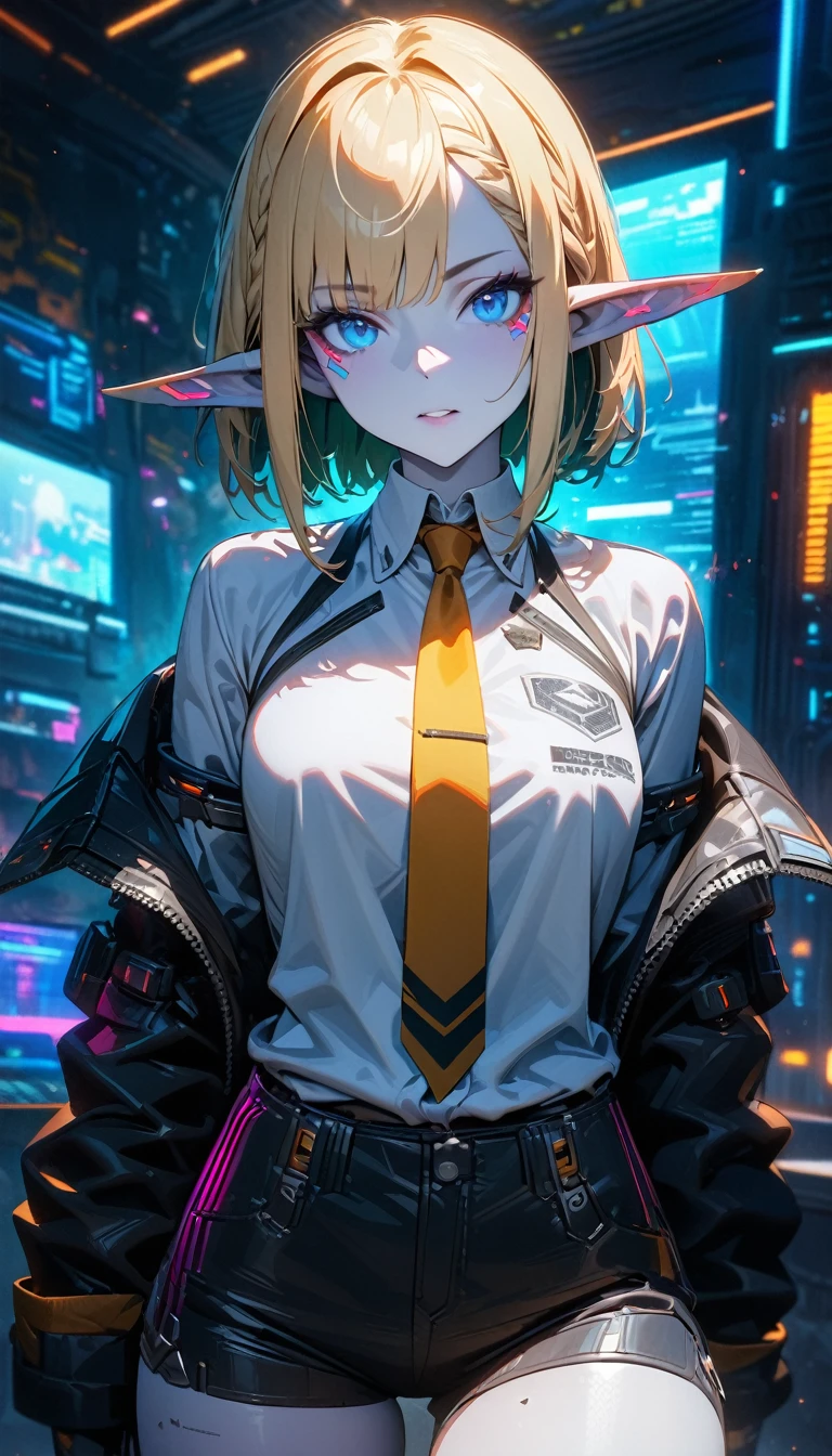 Adult woman, pale skin, elf ears, blonde hair, cornrow haircut, blue eyes, cyberpunk drones, shirt, breeches, necktie, Masterpiece, best quality, Full HD, 8k, ultra details, great graphic