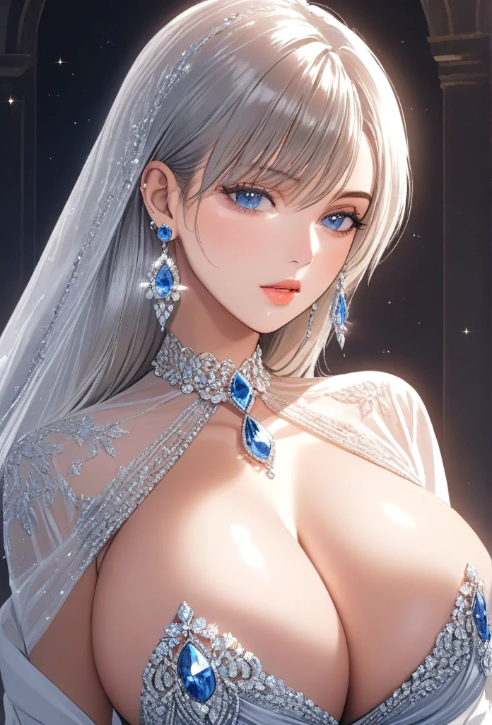 (masterpiece, best quality), intricate details, , a beautiful woman wearing earrings, inspired by Emma Andijewska, draped in crystals, silver color, long earrings, sandra chevier, huge earrings, 2019, blue-eyed, platinum jewellery, earring, flawless structure, silver earring, big breasts