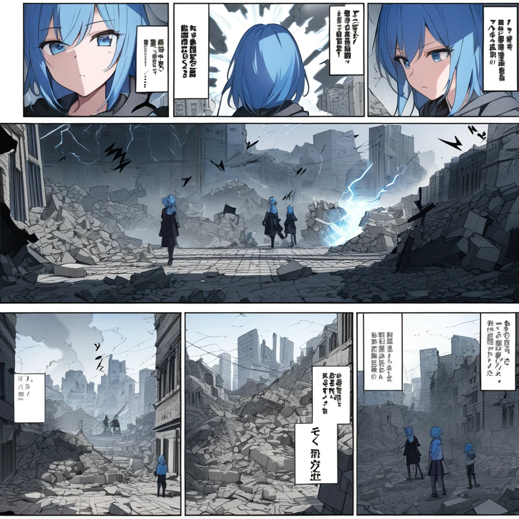 ((highest quality)), ((masterpiece)), (detailed)), a a scene blue hair blue eye emission multiple knives with lightning vs shadow demonic creatures Smoke in a rubble and destroyed city Comic ebook storyboard