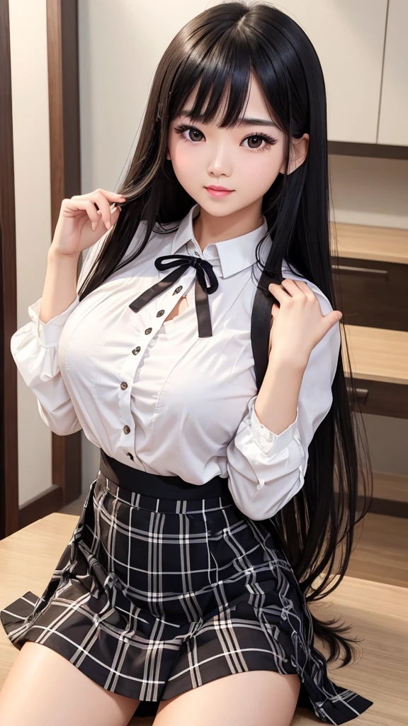 Detailed face、highlight、Asian Girl、thigh、Tabletop、breast enhancement、Bodyline、Black Hair、Heavy bangs、Checkered Skirt、White blouse、Support your chest with your hands、