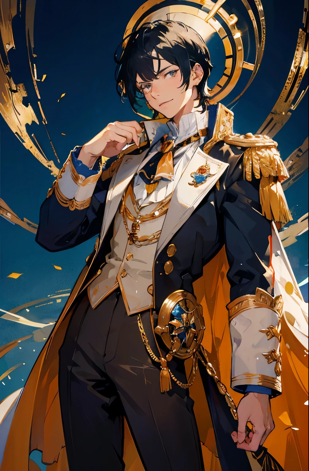 Napoleon Bonaparte, Adult male, 28 years old, good looking, tall, Blue-black hair, Yellow flashy coat, Gorgeous embroidery, Facial details, Detailed colorful backgrounds, Aura of Gold, Best Images, High resolution, Half Body Shot, A kind smile, Engage your audience, Half Body Shot, Full Body Shot, Cowboy Shot