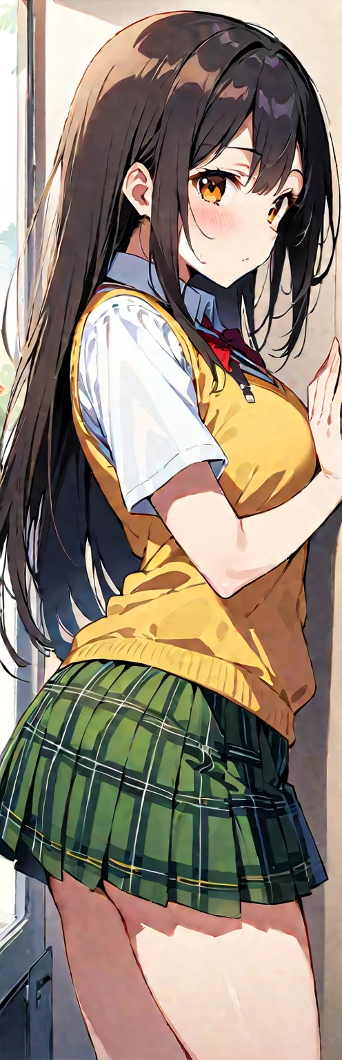 (masterpiece, Highest quality:1.2), One girl, alone,Are standing_Split, Furukawa Yui, Brown eyes,Black Hair, hair ornaments,Long Hair,Green Check Skirt, Sainan High , , White shirt, Yellow sweater vest,