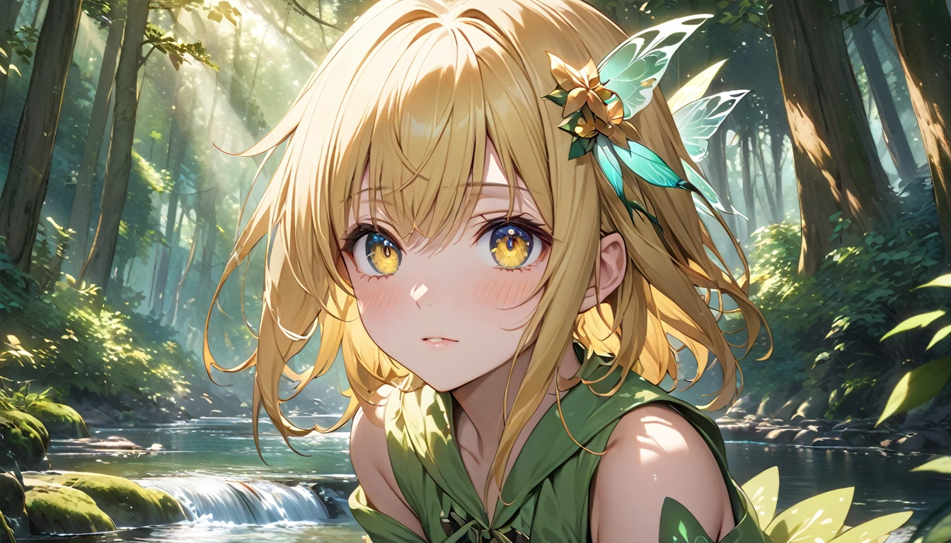 （8K，masterpiece，Highest quality），Hyper Detail，Primary forest，Golden hair shortcut、A fairy girl with a fleeting expression、Sunlight filtering through the trees、river、Highly detailed face、pupil、whole body