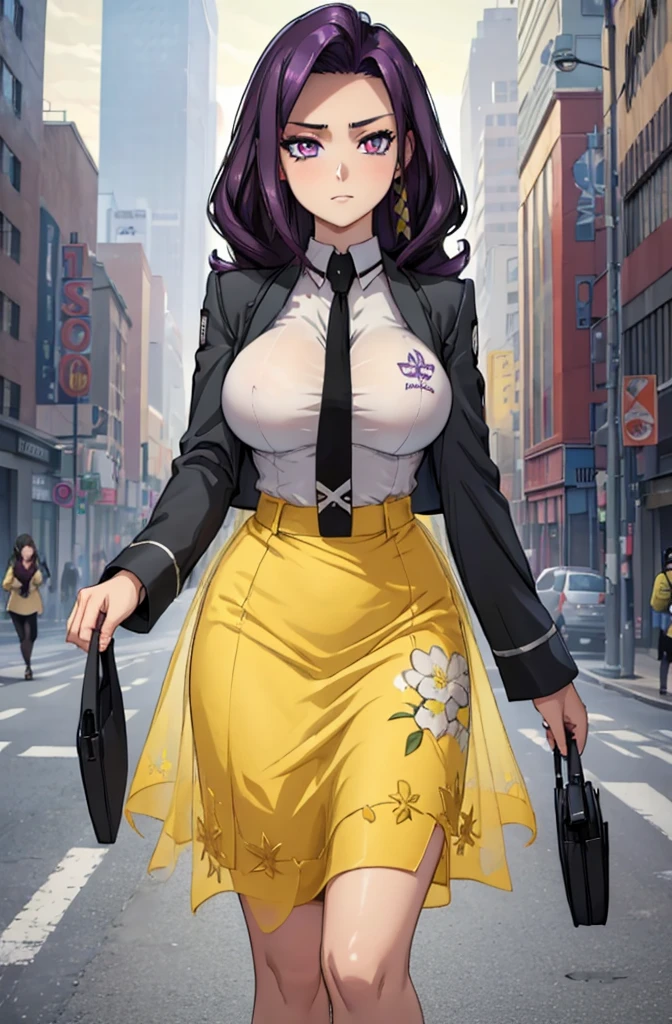 Masterpiece. detailed eyes, waist-length reddish purple hair, Large breasts, black dress, black shirt, magic_high_school_uniform, Charcoal jacket, black necktie, yellow skirt embroidery, giant breasts