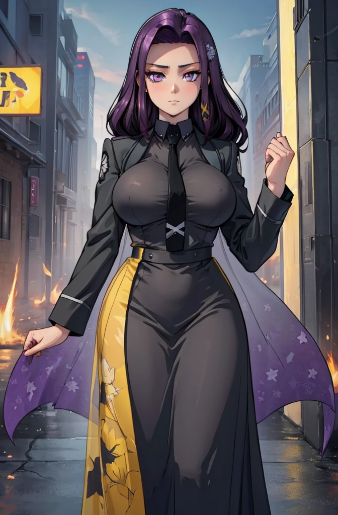 Masterpiece. detailed eyes, waist-length reddish purple hair, Large breasts, black dress, black shirt, magic_high_school_uniform, Charcoal jacket, black necktie, yellow skirt embroidery, giant breasts