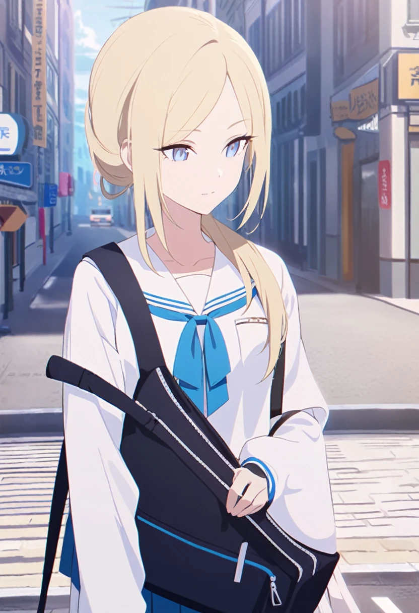 An elegant-looking blonde with striking blue eyes, you wear a blue achive over a white seifuku. You have a black sports bag slung over one shoulder. You stand in the middle of a city street.