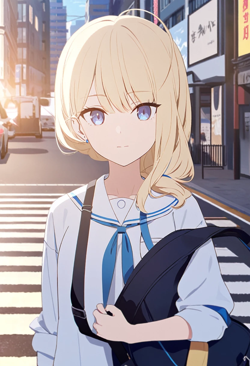 An elegant-looking blonde with striking blue eyes, you wear a blue achive over a white seifuku. You have a black sports bag slung over one shoulder. You stand in the middle of a city street.