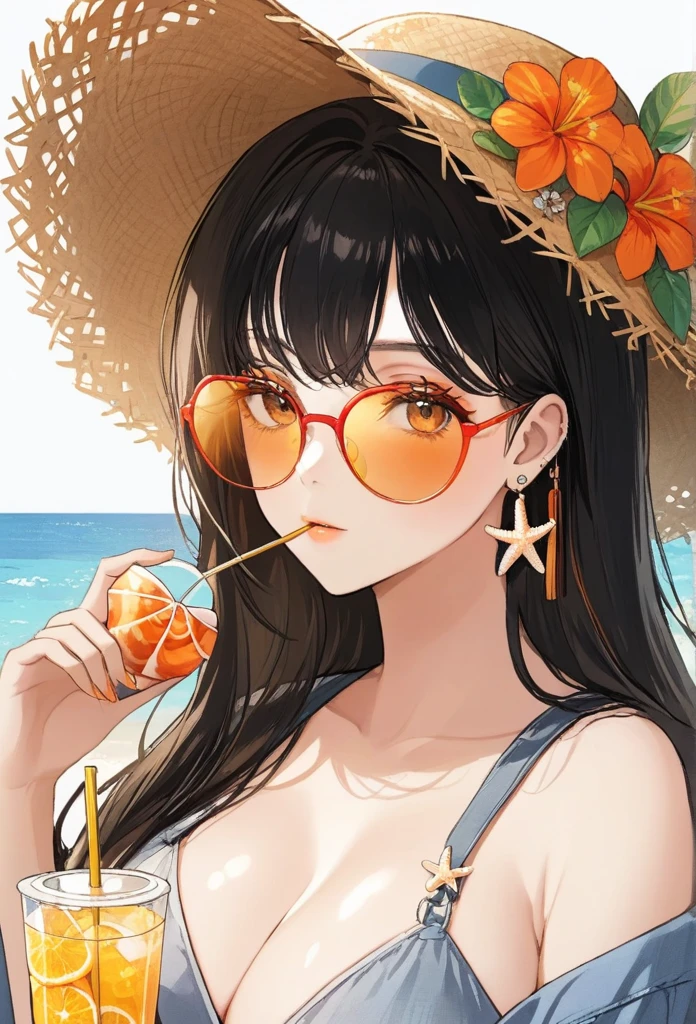 absurdres, highres, ultra detailed, 1girl, solo, extremely detailed eyes, starfish, seashell, shell, flower, hat, hair ornament, jewelry, straw hat, looking at viewer, sunglasses, hat flower, drinking straw, hairclip, earrings, red flower, tinted eyewear, yellow flower, bangs, english text, multicolored hair, orange flower, black hair, ring, cup, long hair, orange-tinted eyewear, food, brown hair, portrait, shell hair ornament,bug breasts, cleavage