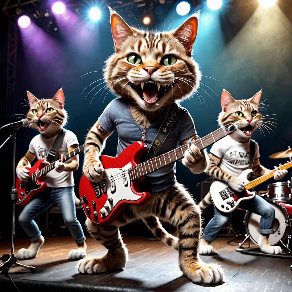 Great quality, Super detailed, Ultra-realistic,
crazy cat rock band, concert on stage, smile, sing,
Very detailed,