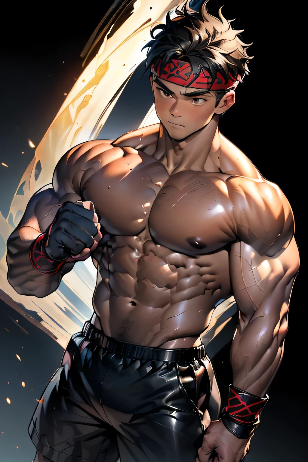(Masterpiece, Best quality 19 year old boy, black background, cowboy shot, looking away), solo, Young, boy, muscler, Shirtless, topless, (Dark Short straight hair, almost completely shaved hair, under cut, brown eyes), (red headband, ((leather fingerless grobe, black wristband))), ((hot Abs:1.2, big breast:1.2, upper arms, jacked muscle, beautiful musculature, aesthetic striations, inspirational physique, lean muscle, square pecs, beautiful v-taper, great abs and torso), Vivid colors, (aura power:1.4), detailed face, detailed muscle, (((A magical mystical aura, rippling muscles, fighting pose, struggle, combats, fighting, chilling atmosphere, subtle color tones, ready to fight)))
