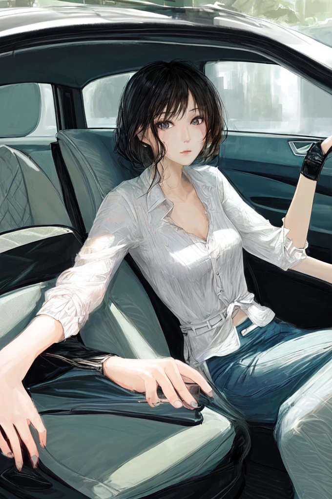 Beautiful woman in the car、It's raining outside