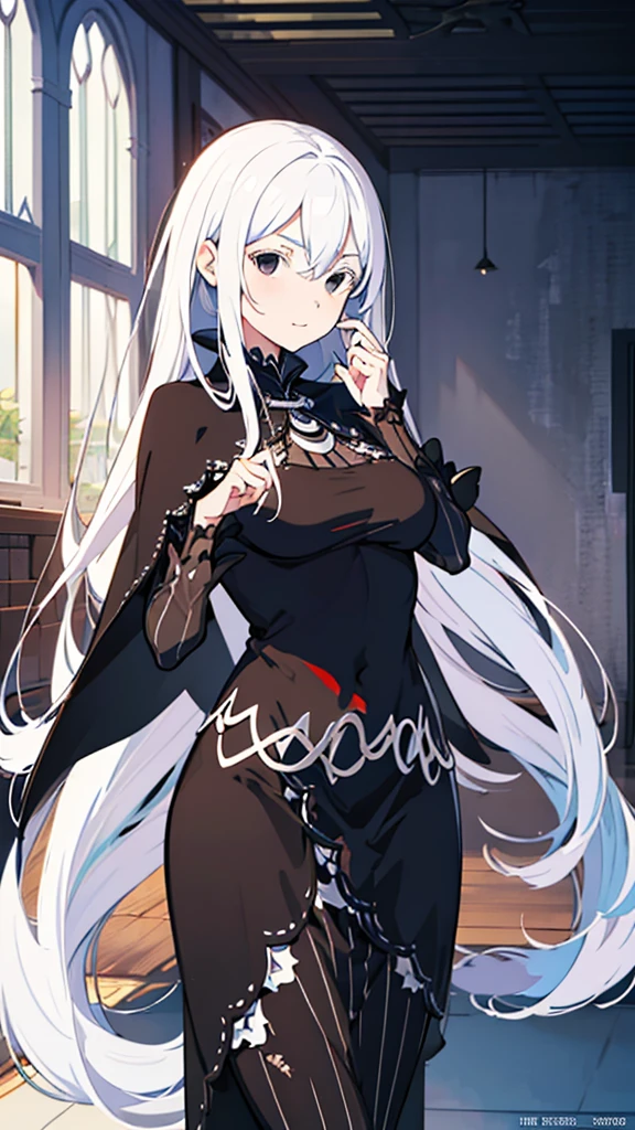 masterpiece, best quality, high resolution, best illustration, super fine illustration, (official art:0.7), (anime screencap:0.8), anime keyvisual, perfect anatomy, 8k portrait, (detail focus fingers:1.2), 
1girl, 
Echidna \(re:zero\),
long hair, 
white hair, 
(black eyes:1.2), 
(medium breasts:0.8), 
black dress, black cape, long dress, 
looking at viewer, 
cowboy shot, 
natural light, background of indoor, 