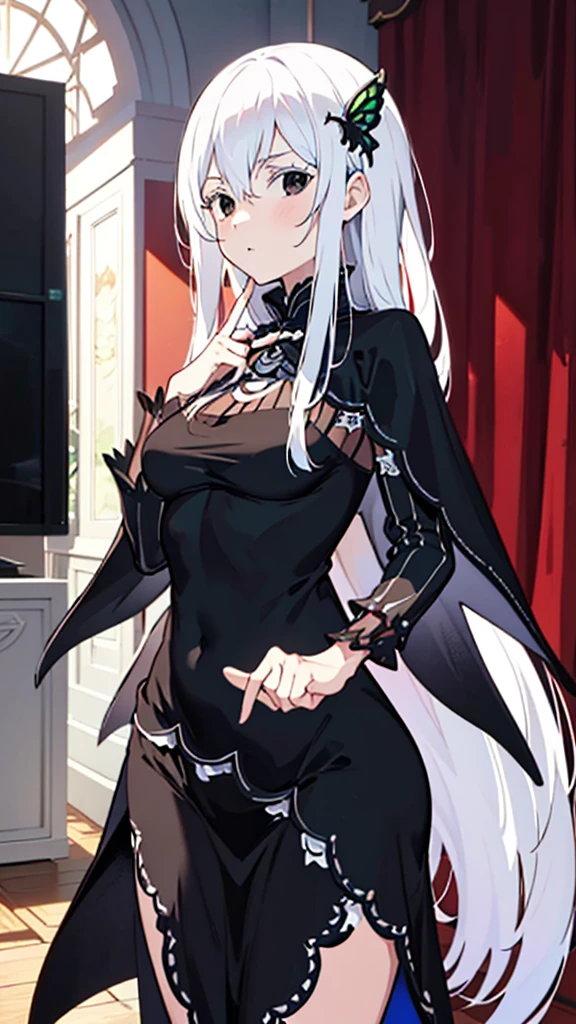 masterpiece, best quality, high resolution, best illustration, super fine illustration, (official art:0.7), (anime screencap:0.8), anime keyvisual, perfect anatomy, 8k portrait, (detail focus fingers:1.2), 
1girl, 
Echidna \(re:zero\),
long hair, 
white hair, 
(black eyes:1.2), 
(medium breasts:0.8), 
black dress, black cape, long dress, 
looking at viewer, 
cowboy shot, 
natural light, background of indoor, 