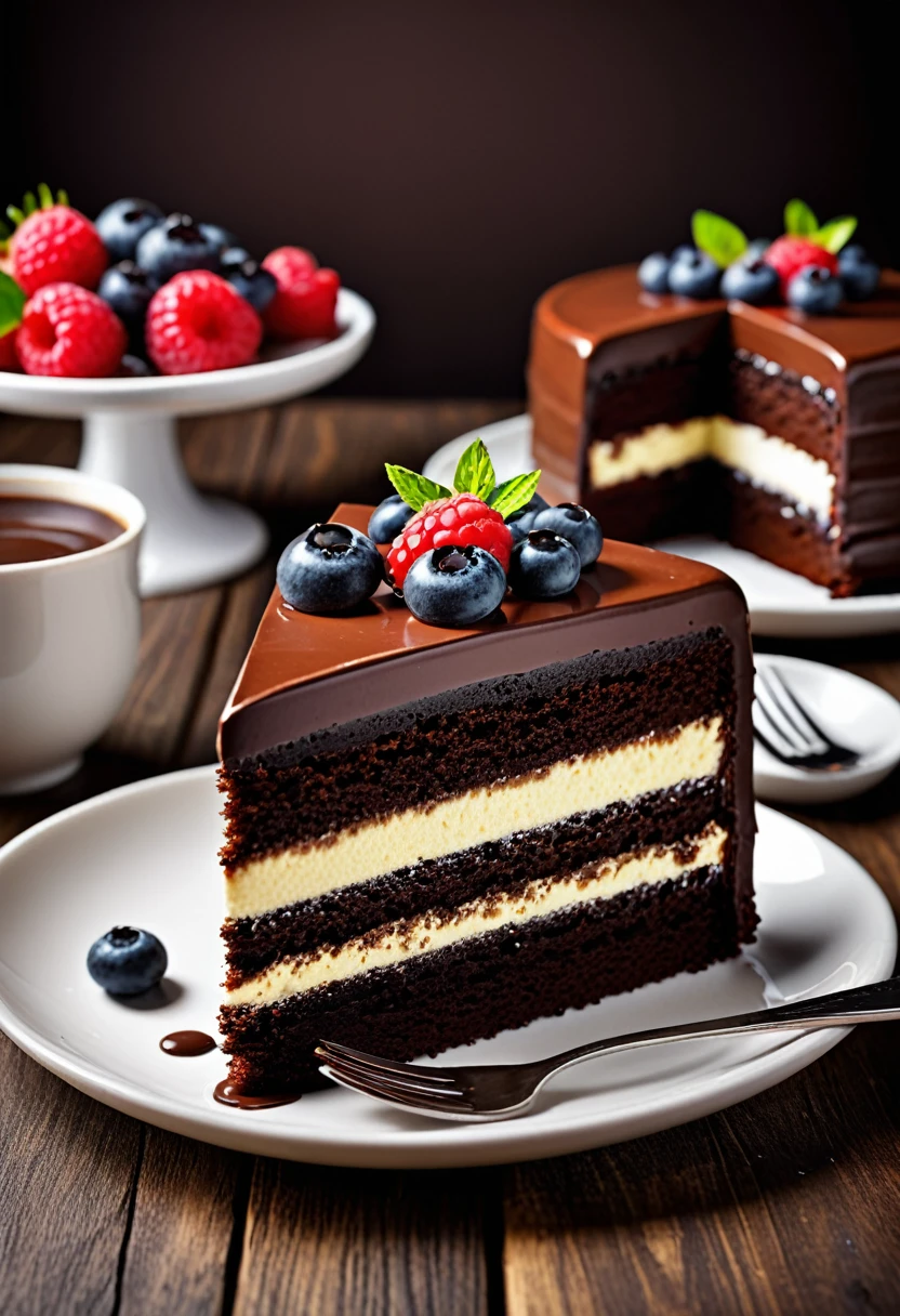 ((masterpiece, Highest quality, Best image quality, High resolution, Realistic, RAW Photos, 32k)), ((Highly detailed CG integrated 32k wallpaper)), delicious, crisp and sharp, Full plate, (((((Photos of food only))))), rich chocolate cake,