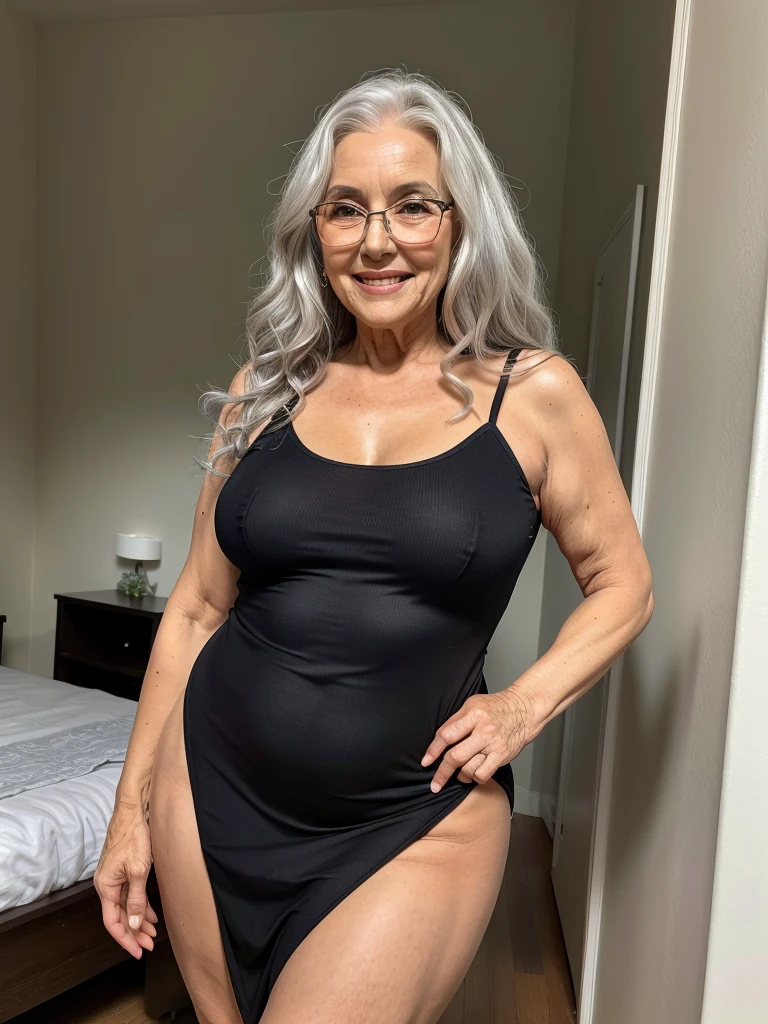 Mature old woman 80 years with silver hair, plus size, red lips, long-long curly grey hair, old face and body with many wrinkles, smiling, loose skin, standing at bedroom posing for photo, She wearing tight orange bodycon dress, large neckline and lace stockings and glasses side view. jaw dropping mature older beauty, old face and body with wrinkles, legs are visible, old face, attractive grandma, a gorgeous old hair, beautiful old grandma, lovely older mature grandma, gorgeous beautiful grandma over 80 years old, beautiful silver hair grandma, beautiful detailed body and face, a beautiful old granny
