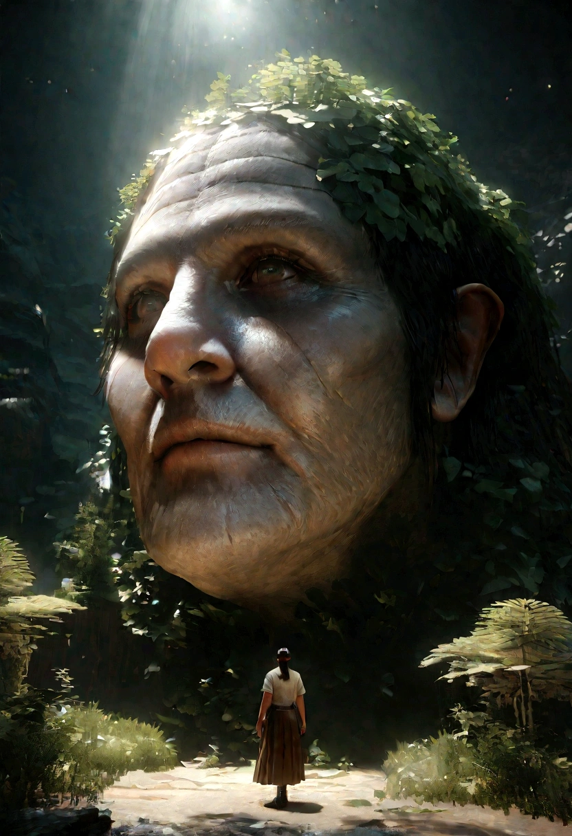 Giant, 楽山大仏のRealistic描写, Seamlessly blending with nature, Surrealism, Super detailed, Realistic:1.37, 3D Rendering, Cinema Lighting, Divine Light, 超High resolution, masterpiece:1.2, Textured skin, Highest quality, High resolution