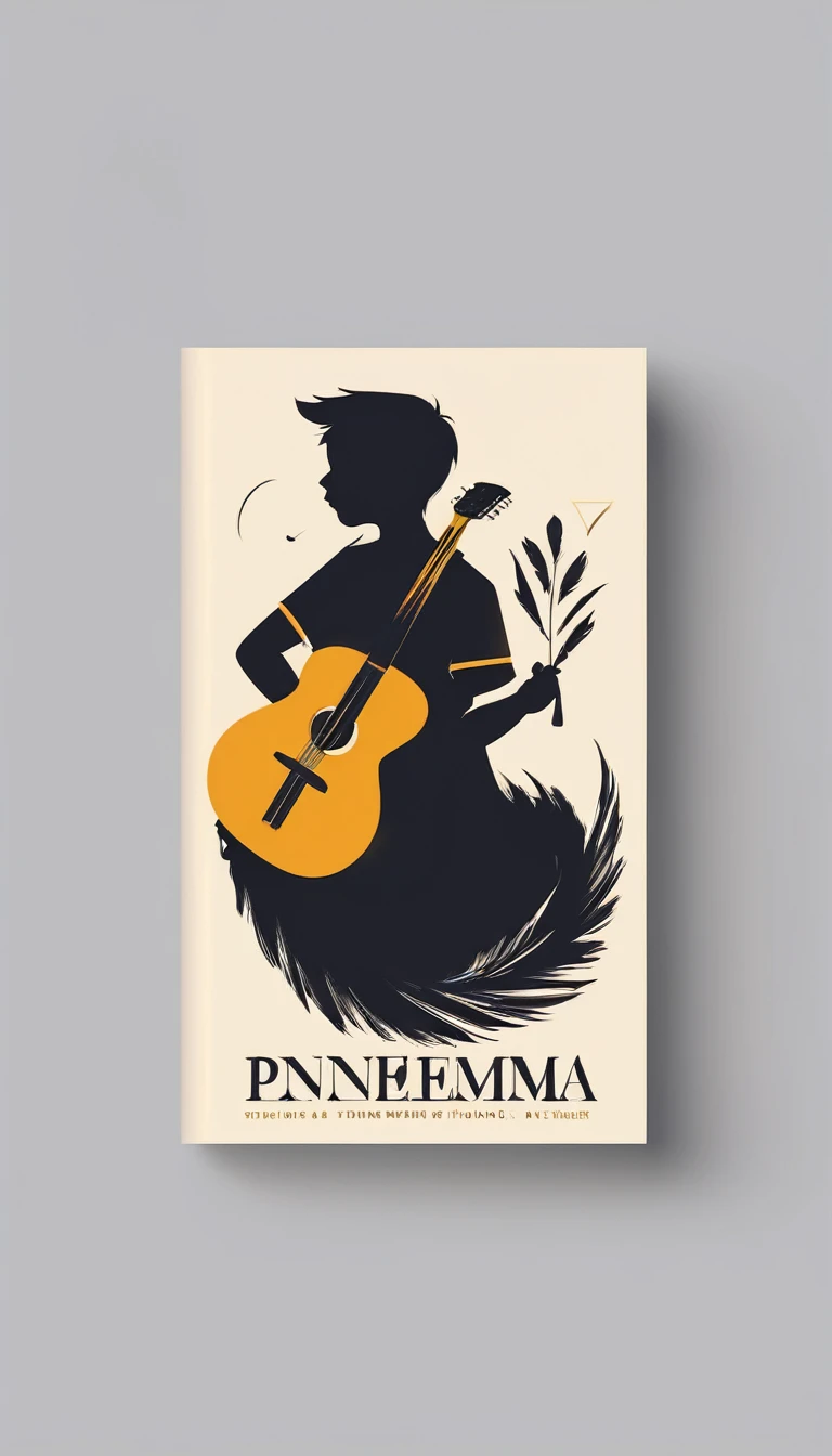 Create a modern, minimalistic logo design for a brand about music and movies called " Penamemoria". The logo must be in minimalistic style and convey a sense of storytelling. The logo is the silhouette of a boy and a bird. The boy is running with open arms, holding an acoustic guitar in the right hand and a bird feather in the left hand. Minimalistic logo design impressed on a book cover