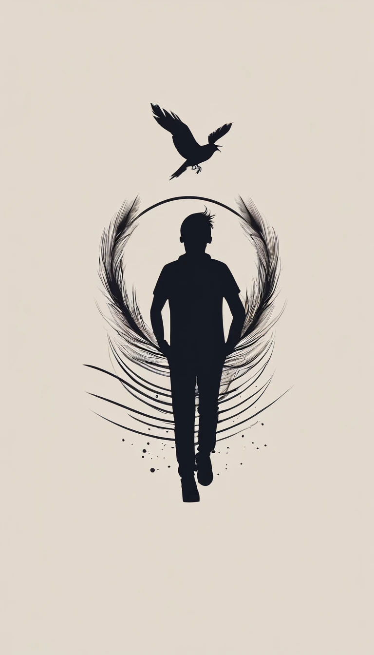 Create a modern, minimalistic logo design for a brand about music and movies called " Penamemoria". The logo must be in minimalistic style and convey a sense of storytelling. The logo is the silhouette of a boy and a bird. The boy is running with open arms, holding an acoustic guitar in the right hand and a bird feather in the left hand. Minimalistic logo design impressed on a book cover
