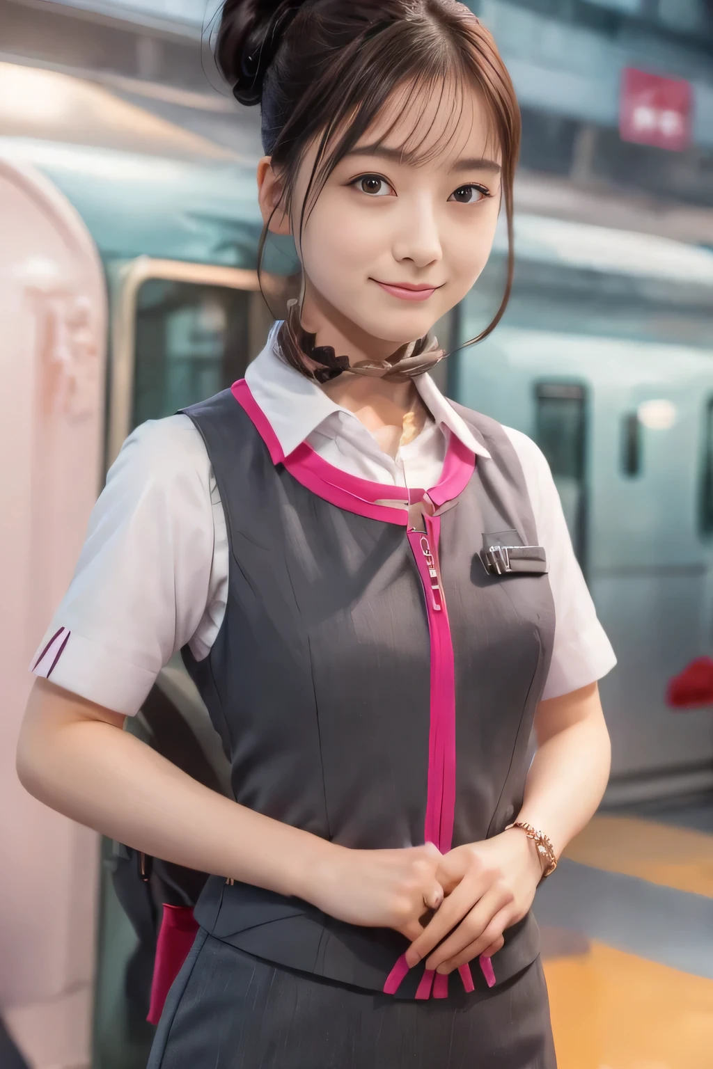 (masterpiece:1.2, Highest quality:1.2), 32k HDR, High resolution, (alone、1 Girl)、（Ride the bullet train、Professional Lighting）、Background in the car、（Realistic style of JR Gran Class crew uniform）、Short sleeve blouse、a scarf around the neck、（JR Gran Class flight attendant uniform with pink parts on the skirt sleeves）、（The uniform of a flight attendant in JR Gran Class has a pink line on the front zipper of the vest.）、Dark brown hair、（Hair tied up、Hair Bun、Hair Bun）、Dark brown hair、Long Shot、Big Breasts、（（Great hands：2.0）），（（Harmonious body proportions：1.5）），（（Normal limbs：2.0）），（（Normal finger：2.0）），（（Delicate eyes：2.0）），（（Normal eyes：2.0））)、Luxury Necklace、smile、Beautiful standing posture,