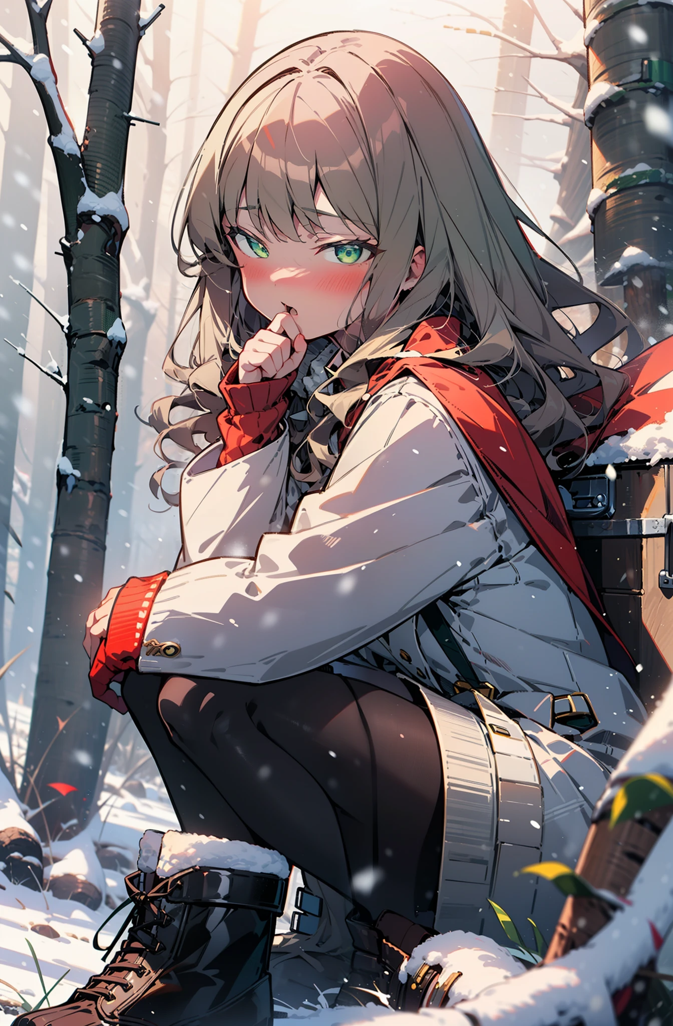 minami yume ,sss Dynazenon ,Long Hair, Brown Hair, (Green Eyes:1.5) ,blush,White Breath,
Open your mouth,snow,Ground bonfire, Outdoor, boots, snowing, From the side, wood, suitcase, Cape, Blurred, forest, White handbag, nature, Squat, Mouth closed, Cape, winter, Written boundary depth, Black shoes, red Cape break looking at viewer, Upper Body, whole body, break Outdoor, forest, nature, break (masterpiece:1.2), Highest quality, High resolution, unity 8k wallpaper, (shape:0.8), (Beautiful and beautiful eyes:1.6), Highly detailed face, Perfect lighting, Highly detailed CG, (Perfect hands, Perfect Anatomy),