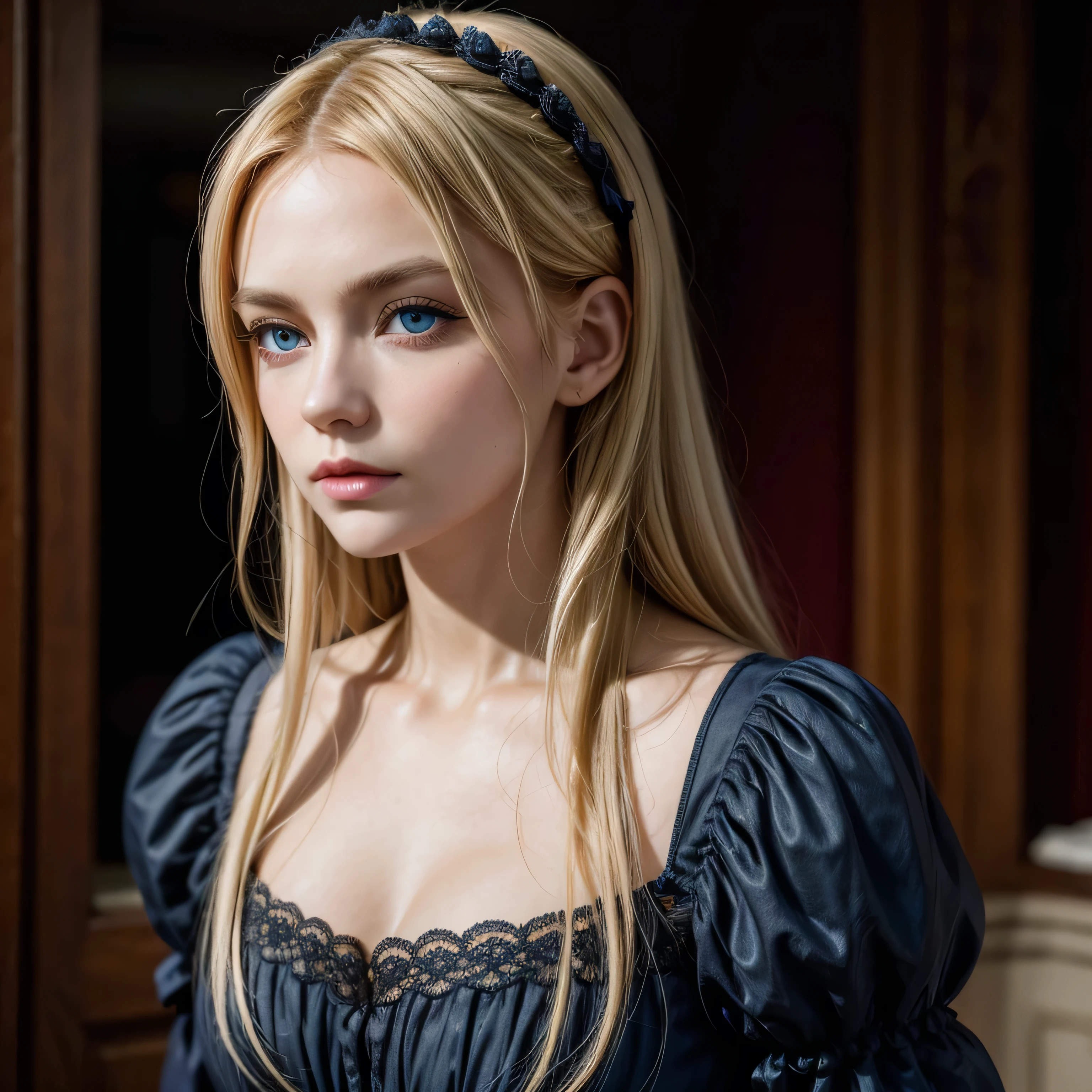 Victorian, lady, blonde hair, dark blue eyes