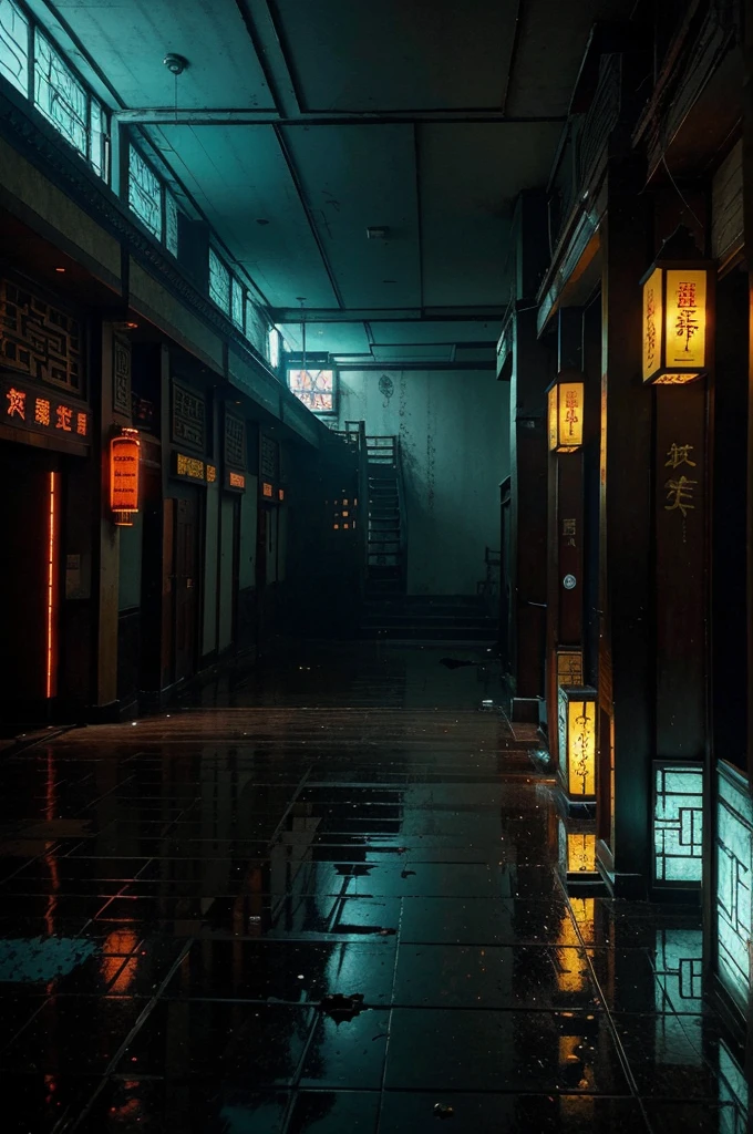 A dilapidated Chinese hotel, eerie, exuding terrifying energy, dark cyan and amber, in the style of graphic novels, sci-fi animation, in the style of jarek kubicki, detailed shading, Chinese culture, Chinese Taoist culture 00002