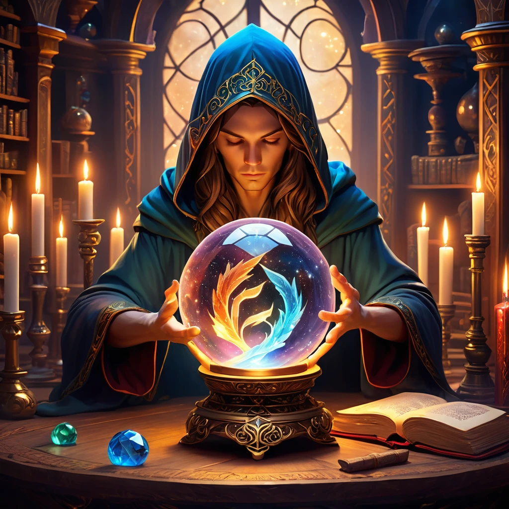 (background: ancient and mystical chamber:1.2), (central focus: a large, glowing crystal ball on an ornate, rune-covered stand:1.3), (Accessories: floating candles with flickering flames, enchanted talismans hanging from the ceiling, shimmering magical symbols in the air:1.2), (ambient details: soft, ethereal light illuminating the chamber, shadows dancing along the walls, faint echoes of incantations whispering through the air:1.2), (environmental magic: swirling mists inside the crystal ball showing glimpses of distant realms and mystical visions:1.5), (additional elements: shelves filled with ancient tomes and mystical artifacts, a spellbook open on a nearby table with pages turning by themselves, glowing runes pulsating with arcane energy:1.3), (mystical atmosphere: sparks of magical energy drifting through the air, a gentle hum of power resonating throughout the chamber, the scent of rare herbs and incense filling the space:1.5), (crystal ball focus: the crystal ball glows with an inner light, its surface reflecting the room's enchantments, while deep within, swirling galaxies and magical symbols can be seen, revealing secrets of the universe:1.4), (character: a mage in a beautiful, enchanted robe with intricate patterns and a hood that covers their face:1.5), (pose: the mage stands with hands gently resting on the crystal ball, eyes hidden under the hood, radiating an aura of profound magical power:1.6), best quality, masterpiece, detailed soft oil painting, detailed background, dramatic cinematic lighting, soft edge lighting, professional, dramatic lighting, hard edge lighting, ultra quality, 4k, masterpiece, best quality, 8k, ultra high definition, high resolution, extremely detailed