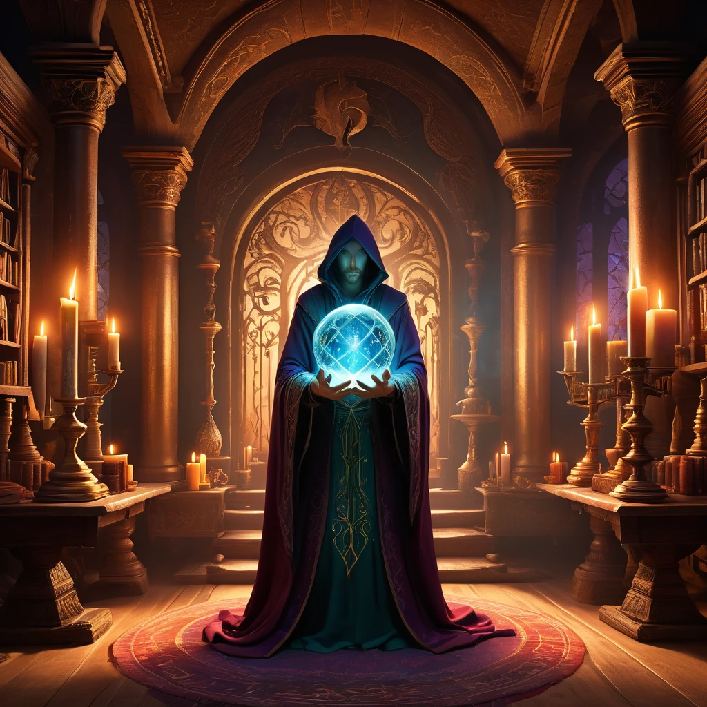 (background: ancient and mystical chamber:1.2), (central focus: a large, glowing crystal ball on an ornate, rune-covered stand:1.3), (Accessories: floating candles with flickering flames, enchanted talismans hanging from the ceiling, shimmering magical symbols in the air:1.2), (ambient details: soft, ethereal light illuminating the chamber, shadows dancing along the walls, faint echoes of incantations whispering through the air:1.2), (environmental magic: swirling mists inside the crystal ball showing glimpses of distant realms and mystical visions:1.5), (additional elements: shelves filled with ancient tomes and mystical artifacts, a spellbook open on a nearby table with pages turning by themselves, glowing runes pulsating with arcane energy:1.3), (mystical atmosphere: sparks of magical energy drifting through the air, a gentle hum of power resonating throughout the chamber, the scent of rare herbs and incense filling the space:1.5), (crystal ball focus: the crystal ball glows with an inner light, its surface reflecting the room's enchantments, while deep within, swirling galaxies and magical symbols can be seen, revealing secrets of the universe:1.4), (character: a mage in a beautiful, enchanted robe with intricate patterns and a hood that covers their face:1.5), (pose: the mage stands with hands gently resting on the crystal ball, eyes hidden under the hood, radiating an aura of profound magical power:1.6), best quality, masterpiece, detailed soft oil painting, detailed background, dramatic cinematic lighting, soft edge lighting, professional, dramatic lighting, hard edge lighting, ultra quality, 4k, masterpiece, best quality, 8k, ultra high definition, high resolution, extremely detailed