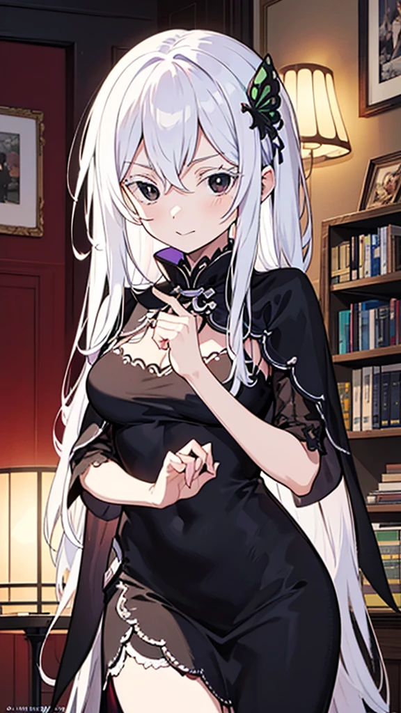 masterpiece, best quality, high resolution, best illustration, super fine illustration, (official art:0.7), (anime screencap:0.8), anime keyvisual, perfect anatomy, 8k portrait, (detail focus fingers:1.2), 
1girl, 
Echidna \(re:zero\),
long hair, 
white hair, 
(black eyes:1.2), 
(medium breasts:0.8), 
black dress, black cape, long dress, 
looking at viewer, 
cowboy shot, 
natural light, background of indoor, 