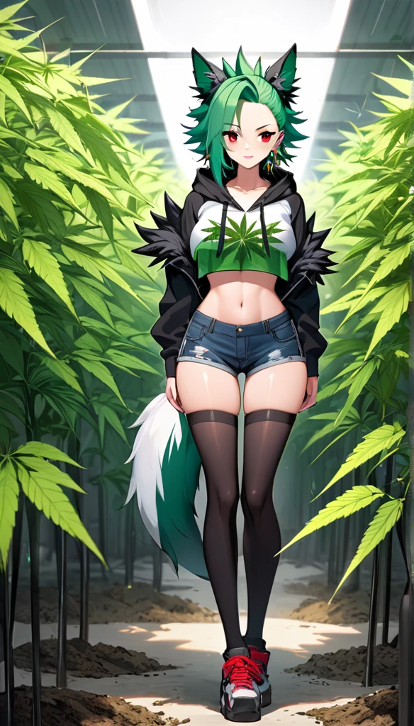 , Croped, , cleavage, slim waist, cropped hoodie underboob, cropped hoodieunderboobhoodie, 1girl, 2 wolf ears, wolf tail, marijuana crop hoodie, crop shorts, marijuana hoodie, spiky hair, spiky fur, green hair, red eyes,marijuana field, tight clothes, perfect eyes, perfect hands, clear resolution, full body, cleavage skin, marijuana plants, open hoodie, marijuana scenery, black thigh high socks, full body, earrings, 1girl, skirt, cleavage, slim waist, cleavage, slim waist, hair pulled back,