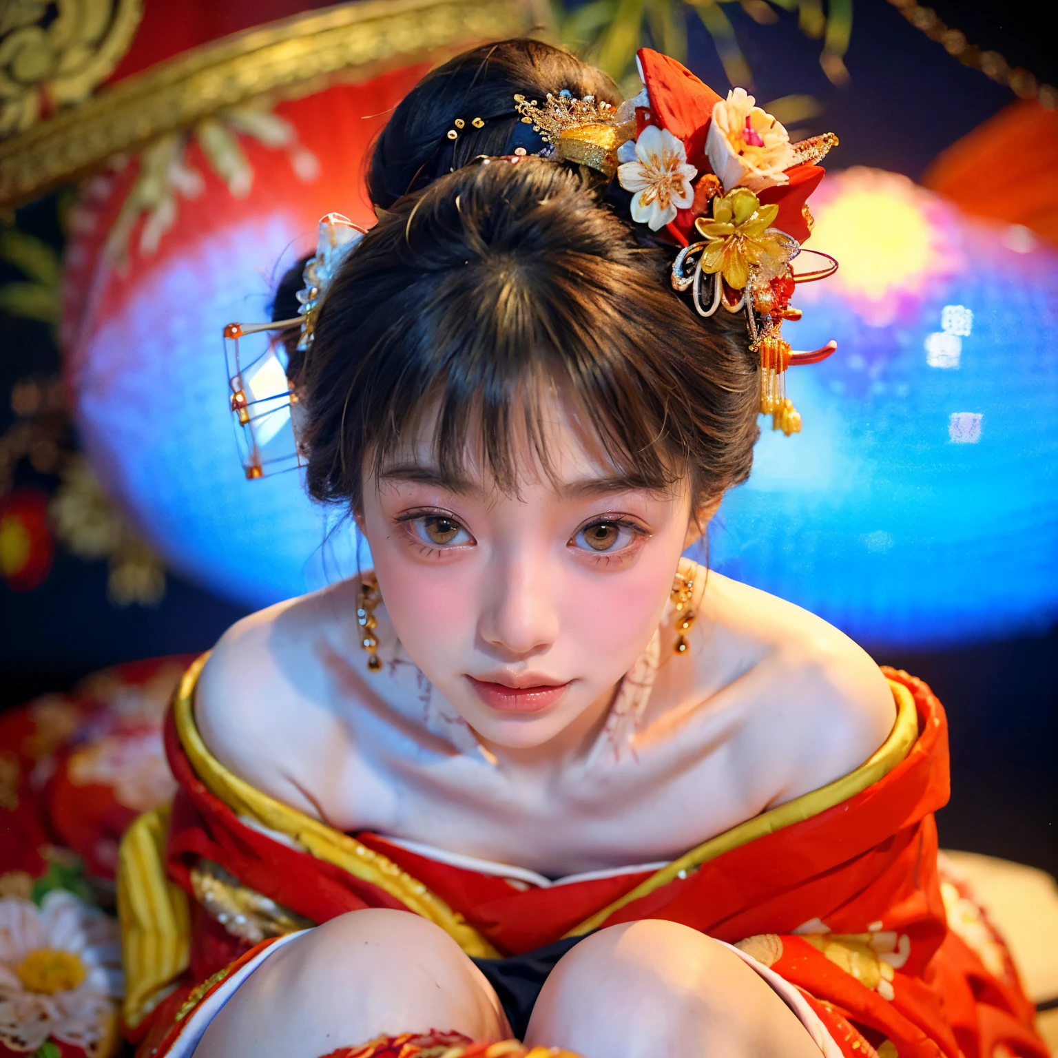 (PUNIPUNI clavicle KIMONO ((offshoulder)) KANZASHI FlowerHairpins Topknot TwinBun Oiran-Hair)High-level, 8K Masterpiece TopQuality, Ultra-detailed CG, Absurd detailed wallpaper, PerfectLighting, Extremely detailed (((Personifying " OIRAN " as a KAWAII Girl))), Characteristic Items, aesthetic LifeLike Rendering, MysticSight, Haze Tyndall Scattering, (Studio Dark Background with (Oodles Dazzling Iridescent 🌈Particles (BokeH))), (((Assfocus)) RoundlyButt) ThighGap, (Exposed:0.66) 🔞 BREAK (Acutance:0.8), (NOGIZAKA FaceVariations) Extremely Detailed very KAWAII FaceVariations, Childish CaptivatingGaze ElaboratePupils ParfectEyes with (SparklingHighlights:1.28), (Voluminous LongEyelashes:0.88), 💄💋✨ GlossyRedLips with BeautifulDetails, CoquettishTongue, PUNIPUNI RosyCheeks, Radiant PearlSkin with Transparency, Glowing DowneyHair . { (Dynamic LifeLike expressions:1.4) | (:d) }, (large eyes:-1) .
