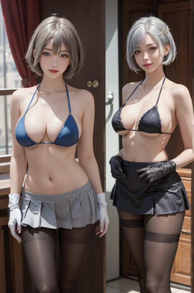 (masterpiece:1.2), (photorealistic:1.2), (best quality),((realistic:1.3)), (detailed skin:1.3), (intricate details), dramatic, ray tracing,finely detailed, quality,realistic lighting,large breasts,1girl,hamakaze, blue eyes, grey hair, hair ornament, hair over one eye, hairclip, short hair, short hair, black pantyhose, buttons, gloves, grey sailor collar, grey skirt, hairclip, pantyhose, white gloves, cowboy shot,smile, super_large_breasts, huge_large_breasts, mega_large_breasts, full body picture, bikini , Micro bikini , Micro bikini looking at viewer,(indoors,dynamic pose)