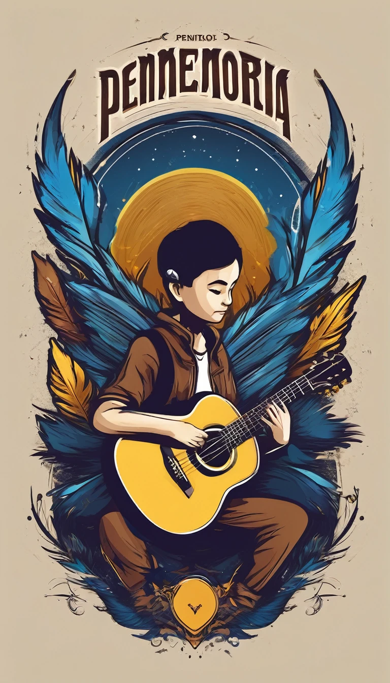Create a minimalistic, simple, fantastic, easy to understand, logo design of a boy playing acoustic guitar and a feather for an upcoming Fantasy Role Playing Game called " Penamemoria". The game is about a world full of bird and feathers. A boy enters that world and discovers his true artistic identity. Create a logo design that transmits the essence of this videogame. It´s a fantasy game, with fantasy elements. Create the logo in the center and a fantasy theme as background. Use the colours blue, white, yellow in the logo. The logo design must convey a sense of fantasy, dreams, memories and music. Must convey a feeling of being a true Dreamer Storyteller with a brown acoustic guitar