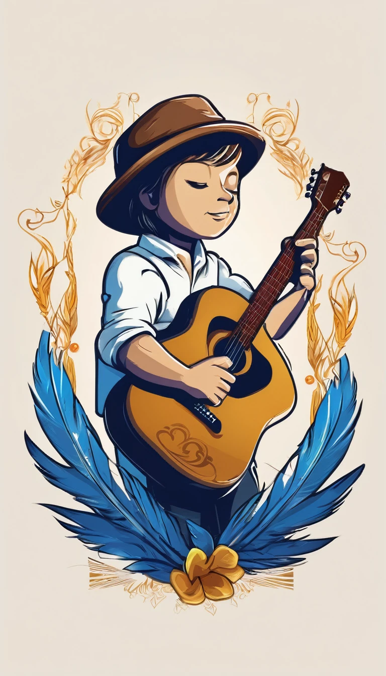 Create a minimalistic, simple, fantastic, easy to understand, logo design of a boy playing acoustic guitar and a feather for an upcoming Fantasy Role Playing Game called " Penamemoria". The game is about a world full of bird and feathers. A boy enters that world and discovers his true artistic identity. Create a logo design that transmits the essence of this videogame. It´s a fantasy game, with fantasy elements. Create the logo in the center and a fantasy theme as background. Use the colours blue, white, yellow in the logo. The logo design must convey a sense of fantasy, dreams, memories and music. Must convey a feeling of being a true Dreamer Storyteller with a brown acoustic guitar