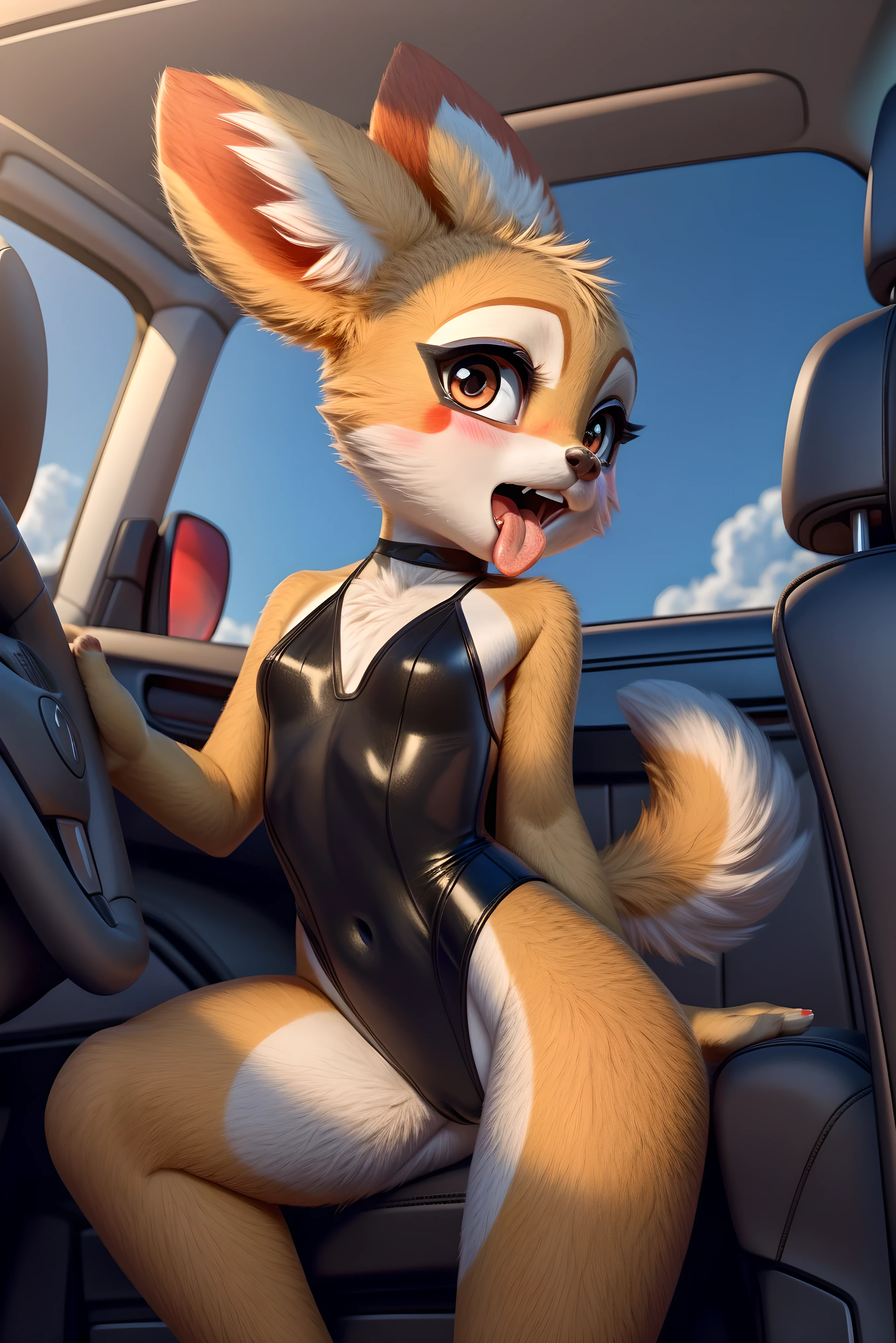 Tsunoda, young, female, , excited, horny, seductive, open mouth, tongue out, in the car, blush, black leotard