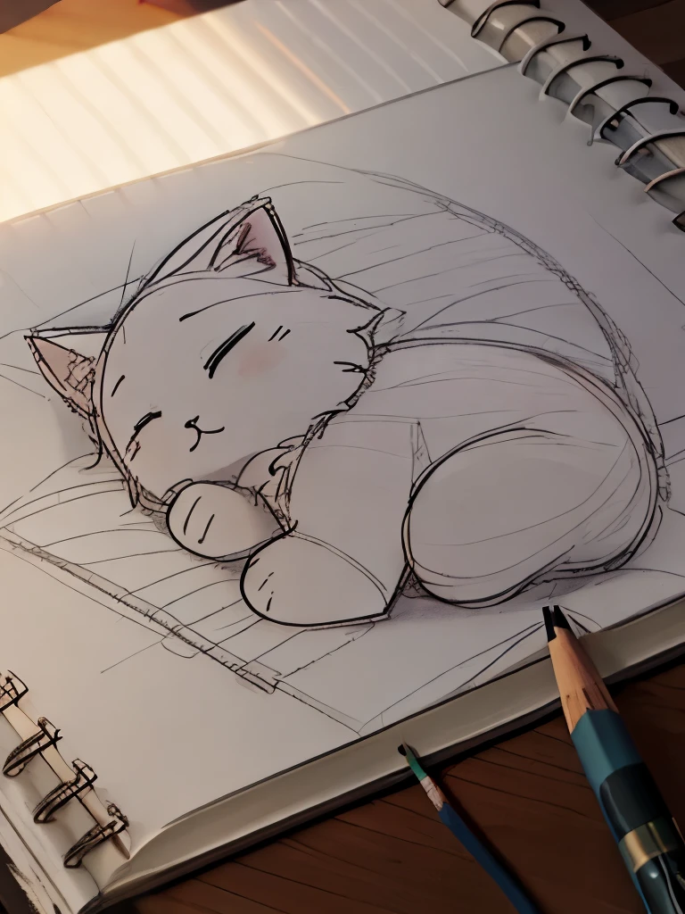 Masterpiece,best quality,the sketch of fluffy cat,sleeping,sketchbook , (((pencil drawing style))),