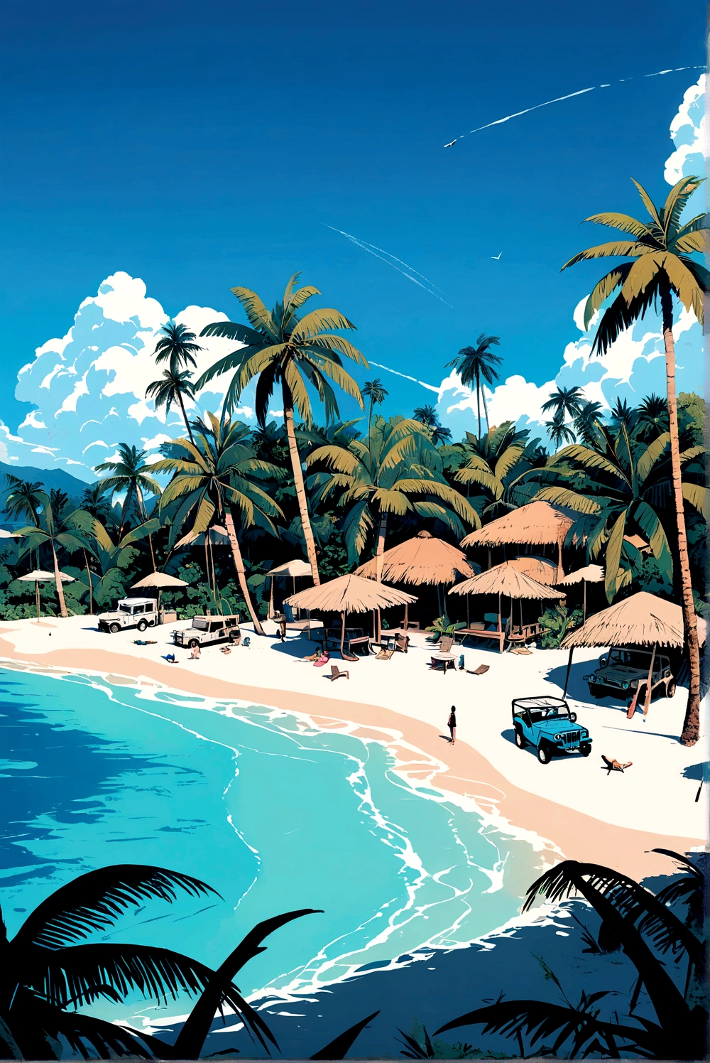 Above the upper half of the picture is a large expanse of blue sky, jeep, Palm tree,5 colors, Beach