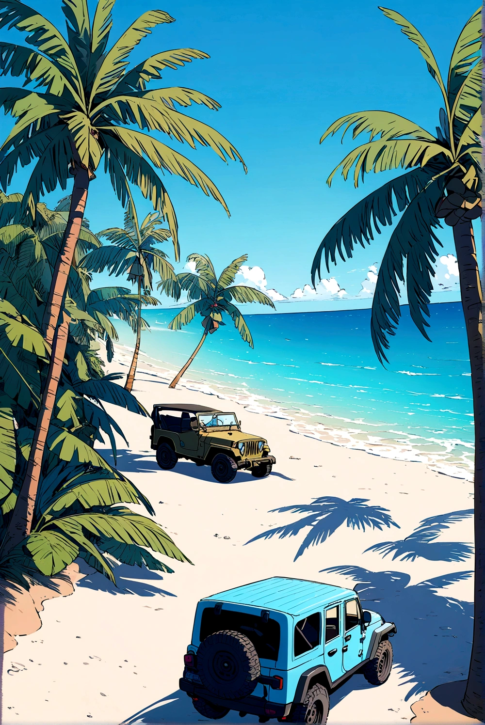 Above the upper half of the picture is a large expanse of blue sky, jeep, Palm tree,5 colors, Beach