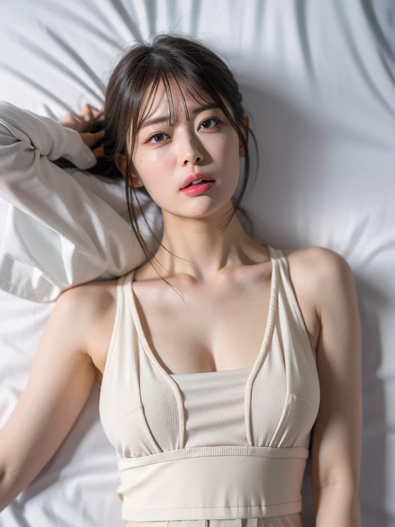 Supergirl with very large breasts、Acme facial expressions、(Lying on your back in bed:1.7)、(Lean back:1.4)、Grab the pillow with both hands、(Open your mouth wide:1.6)、Close ~ eyes、Lift your chin、Frowning、Close up on the inside of the mouth、Detailed depiction of the mouth、perfect body, Height:160cm, masterpiece, 16K, sharp focus, ultra detailing, natural light.