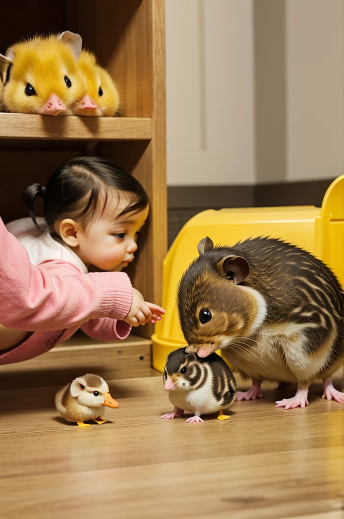  duck and hamster playing together